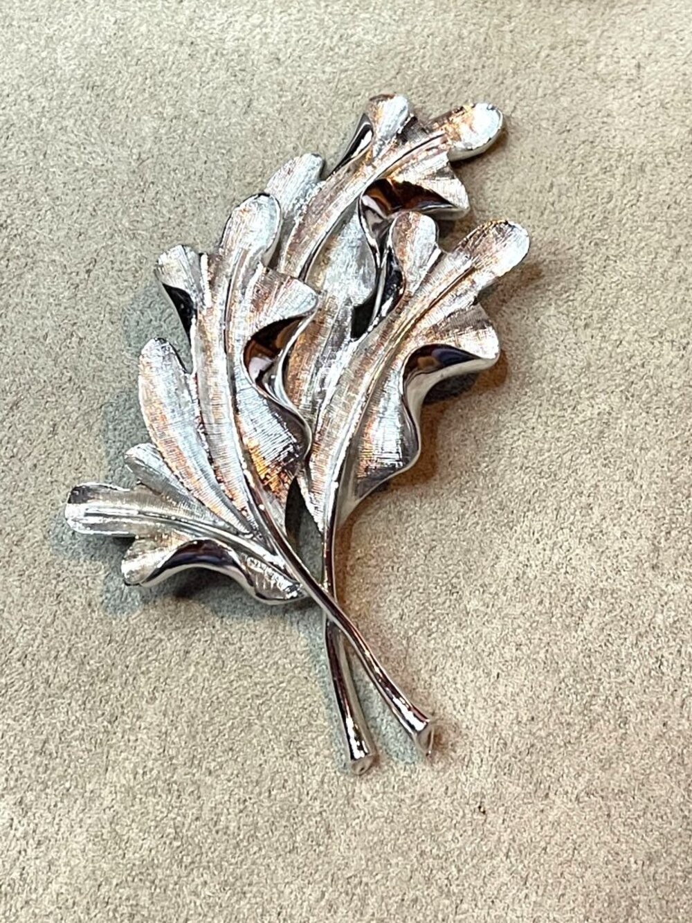 Vintage Francois Coro Leaf Brooch Pin Mid Century Silver Tone Brushed Signed Lar